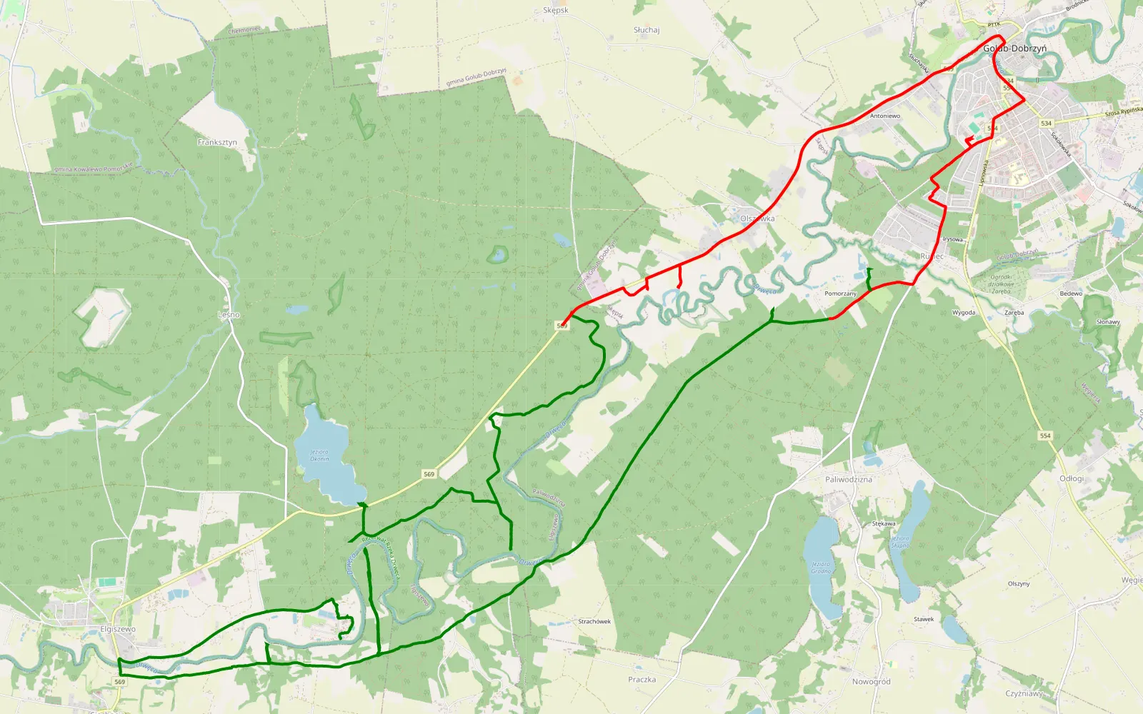 Mapa trasy Toruń; Osada Karbówko - Golub-Dobrzyń - Jezioro Okonin - 28.4 km trasy offroad, Powiat Golubsko-dobrzyński