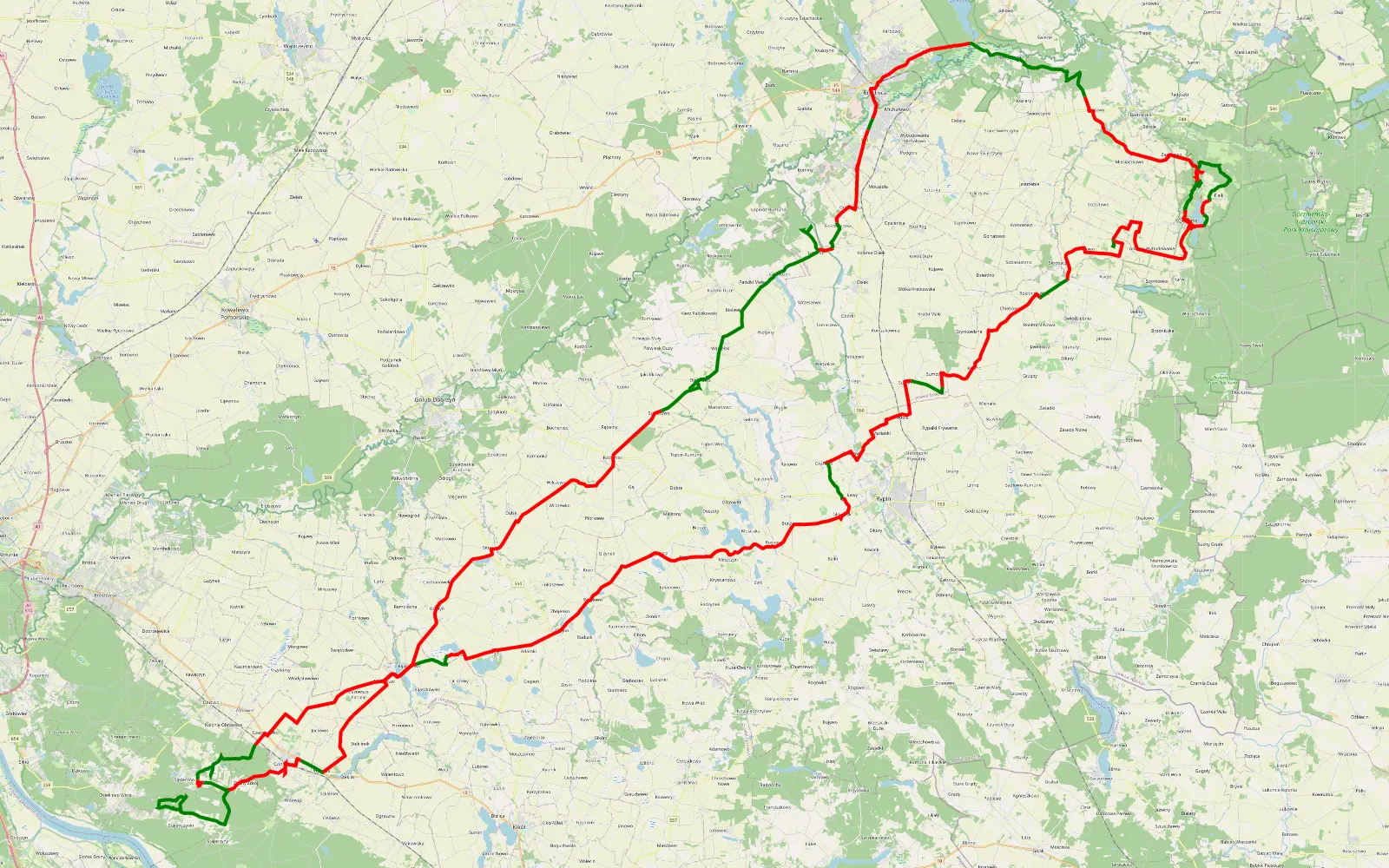 Mapa trasy tracklog 2014-08-15 daglezjowy dwór brodnica górzno - 188.2 km trasy offroad, Powiat Brodnicki