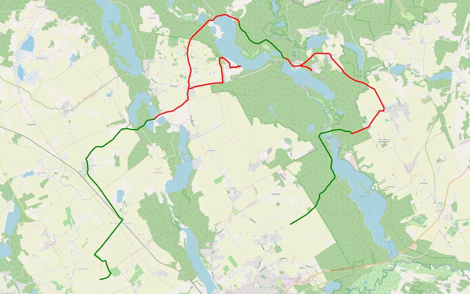 Map of Drużyny - Karbowo - 27.2 km offroad trail, Brodnica County