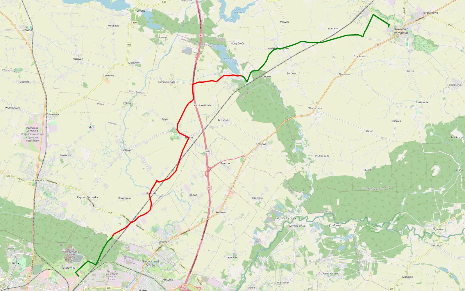 Map of Kowalewo Pomorskie - Katarzynka - 16.5 km offroad trail, Toruń County