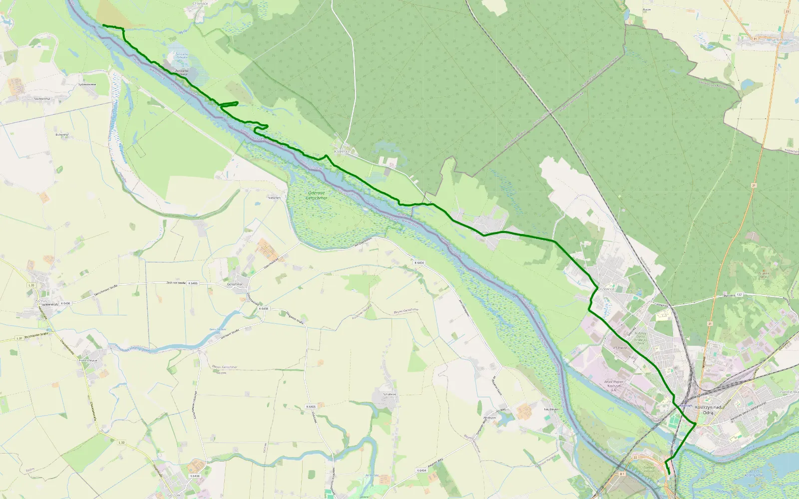 Map of Entlang der Oder ab Küstrin - 9.4 km offroad trail, Myślibórz County