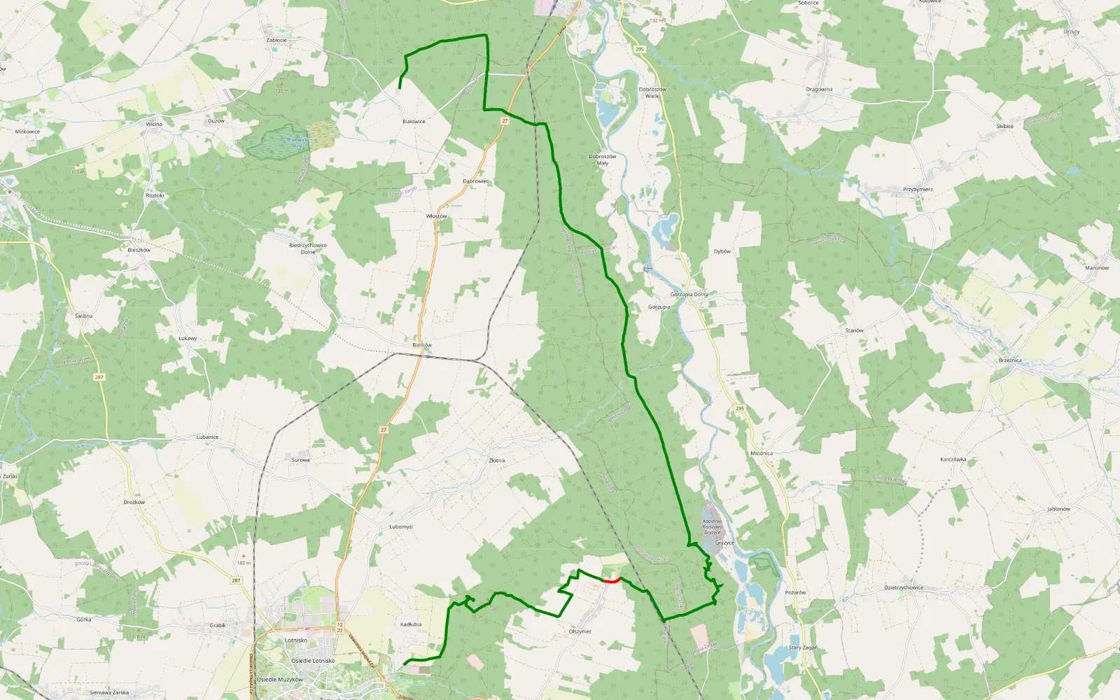 Map of Białowice - Kadłubia - 35.1 km offroad trail, Żary County