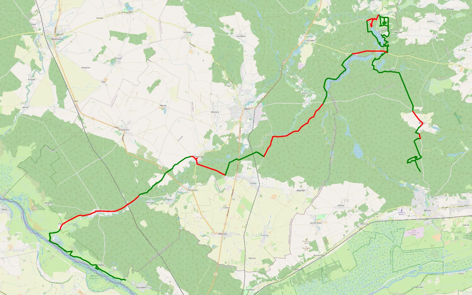 Mapa trasy Von Witnica an die Oder - 74.1 km trasy offroad, Powiat Myśliborski