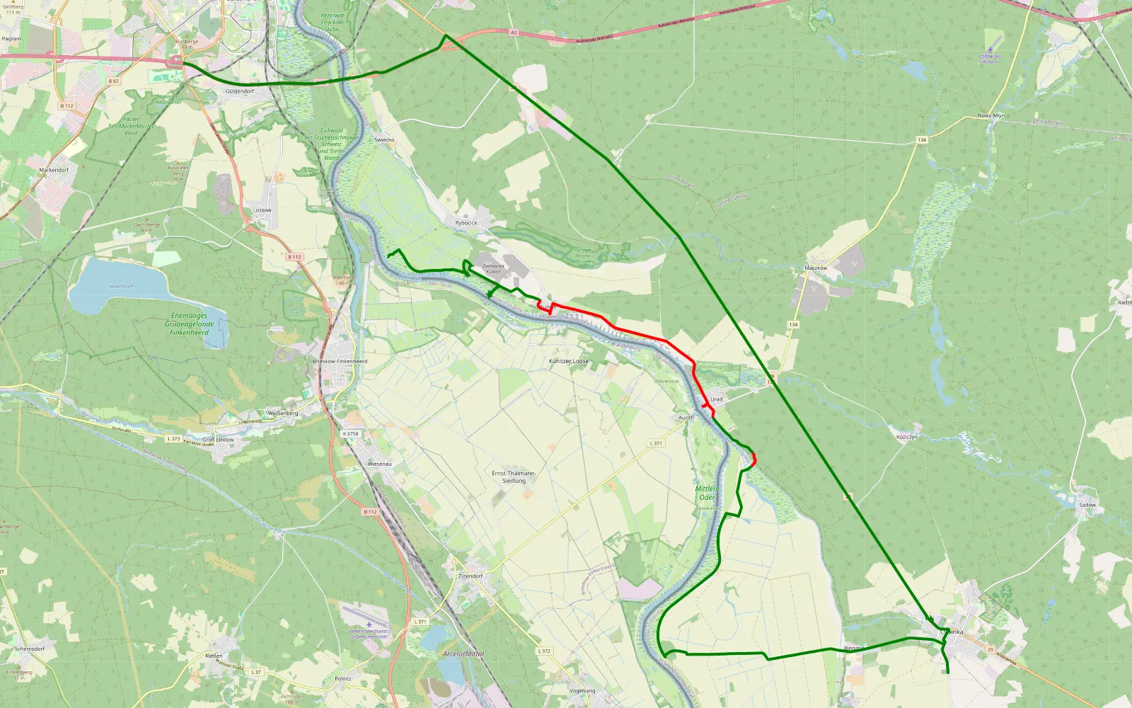 Mapa trasy Polen Oderufer - 22.7 km trasy offroad, Powiat Słubicki
