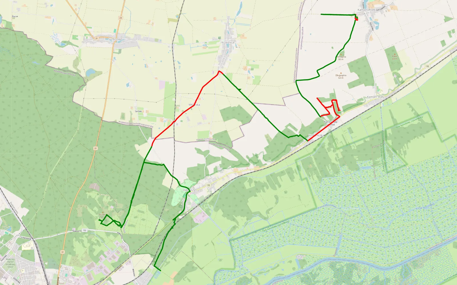 Map of Dąbroszyn - Kamień Wielki - 23 km offroad trail, Gorzów County