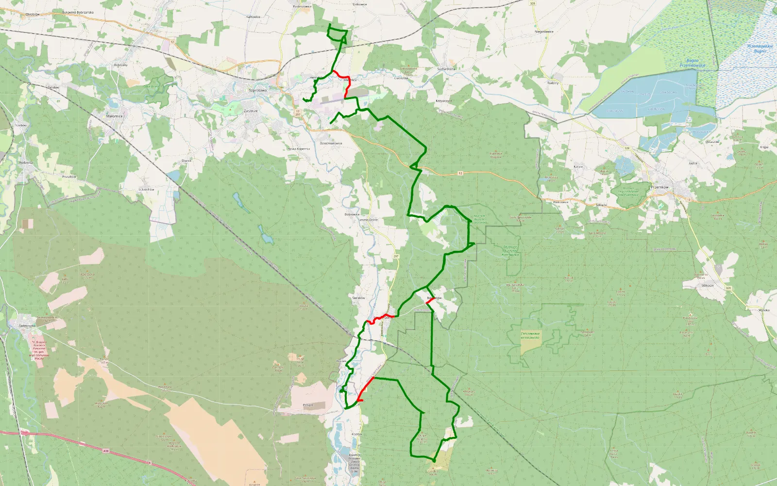 Map of Dziećmiarowice - Szprotawa - 61.9 km offroad trail, Żagań County