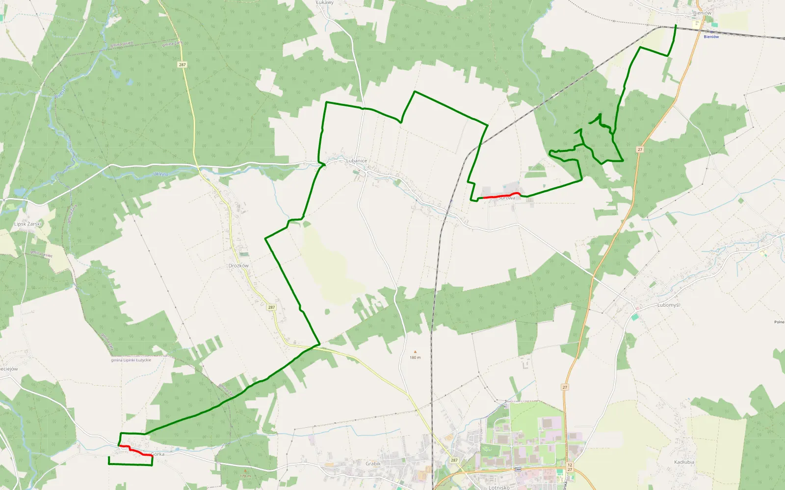 Map of Bieniów - Górka - 23 km offroad trail, Żary County