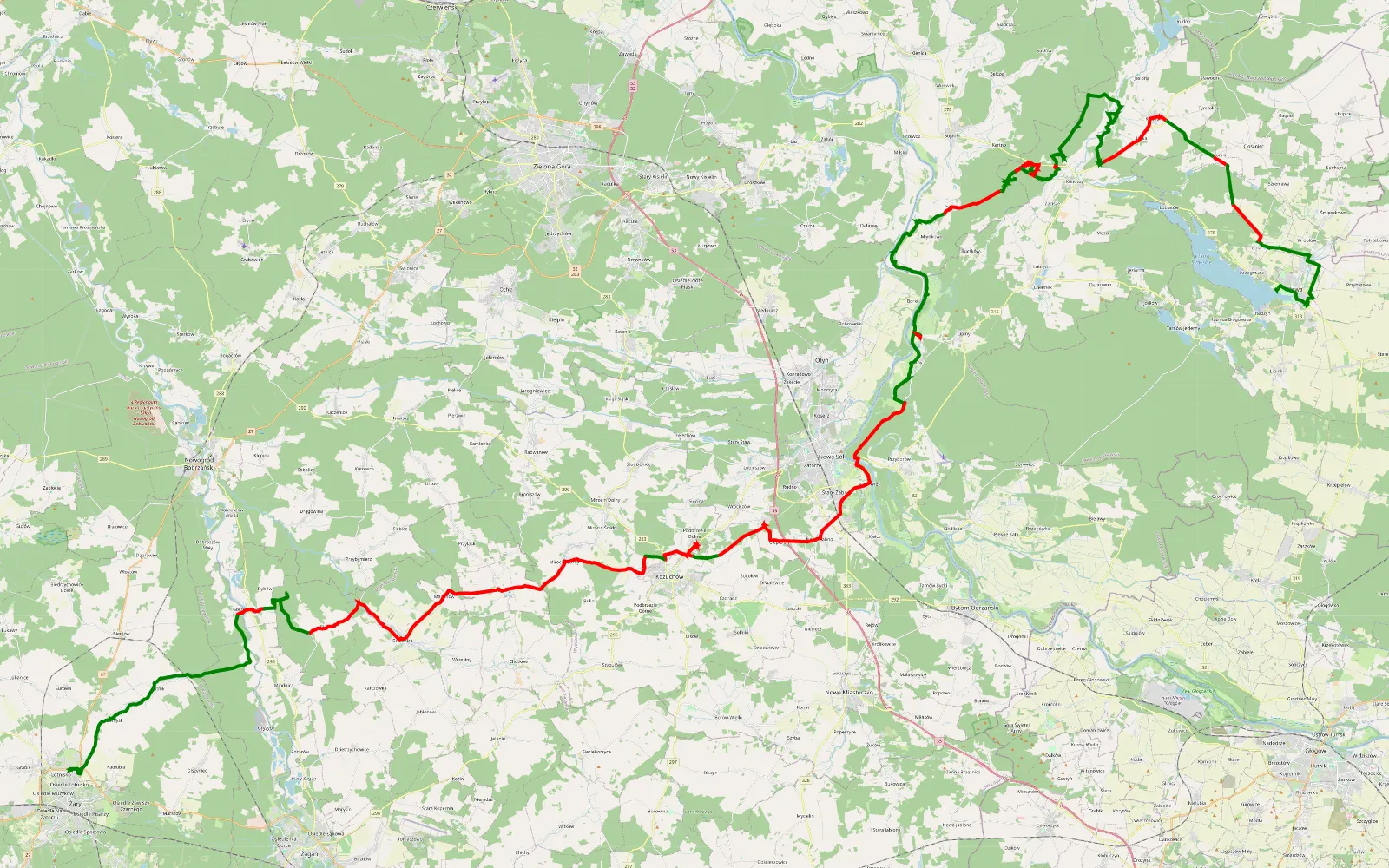Map of Sława - Żary - 121.4 km offroad trail, Nowa Sól County