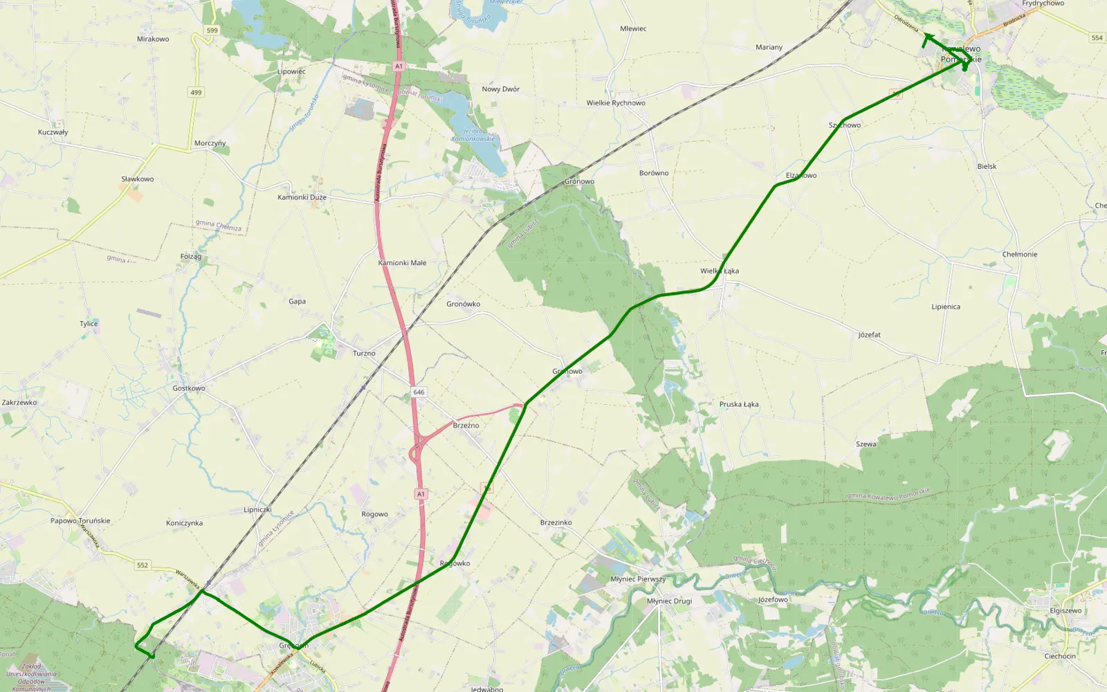 Mapa trasy Papowo - Kowalewo Pomorskie - 1.6 km trasy offroad, Powiat Toruński