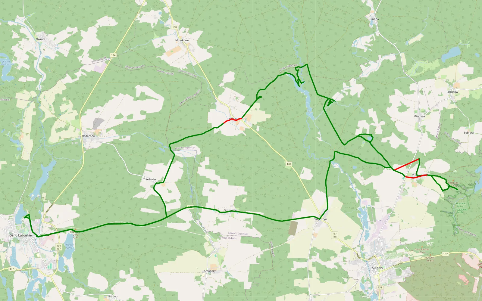 Map of Ośno Lubuskie - 36.6 km offroad trail, Sulęcin County