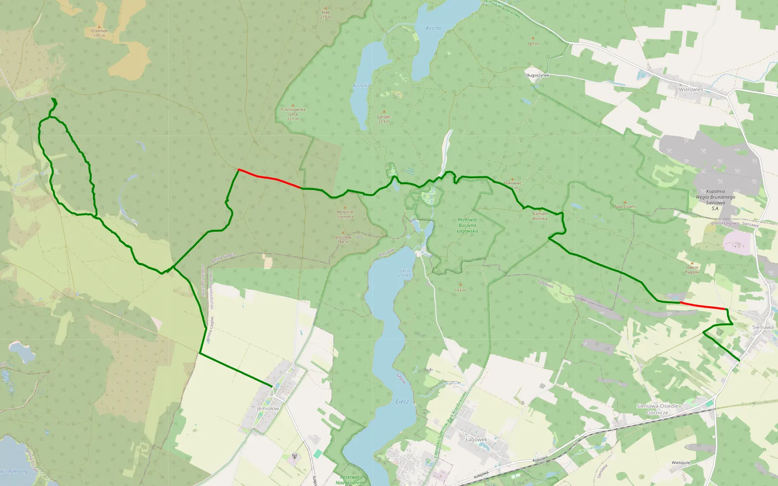 Mapa trasy Sieniawa - Jemiołów - 21 km trasy offroad, Powiat Sulęciński