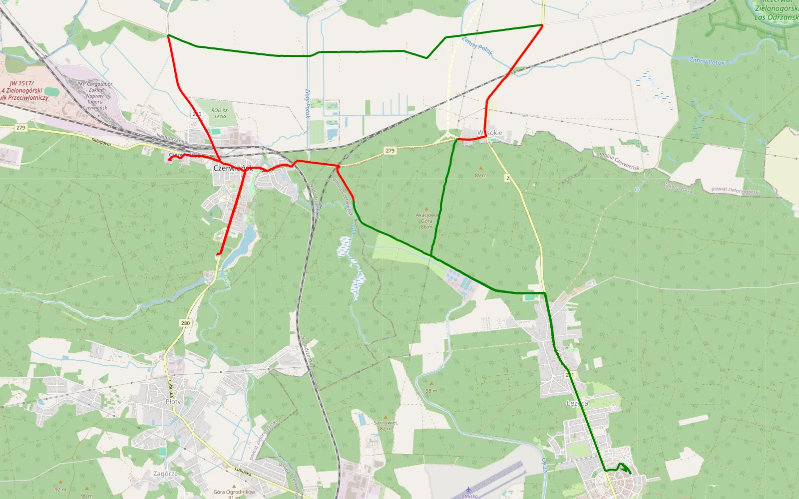 Mapa trasy Łężyca - 16.8 km trasy offroad, Powiat Zielonogórski