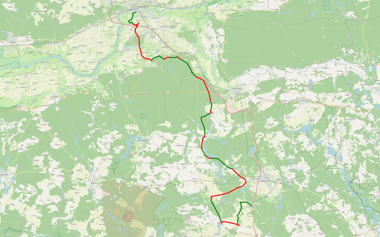Mapa trasy Stadion Jancarza - Nietoperek - 71.1 km trasy offroad, Powiat Międzyrzecki