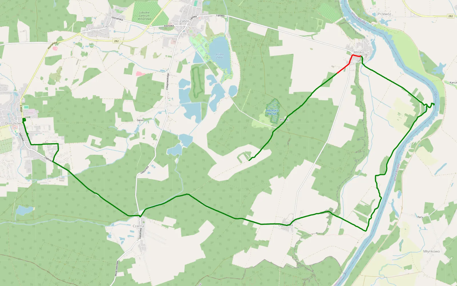 Mapa trasy Dąbrowa - Droszków - 9.7 km trasy offroad, Powiat Zielonogórski