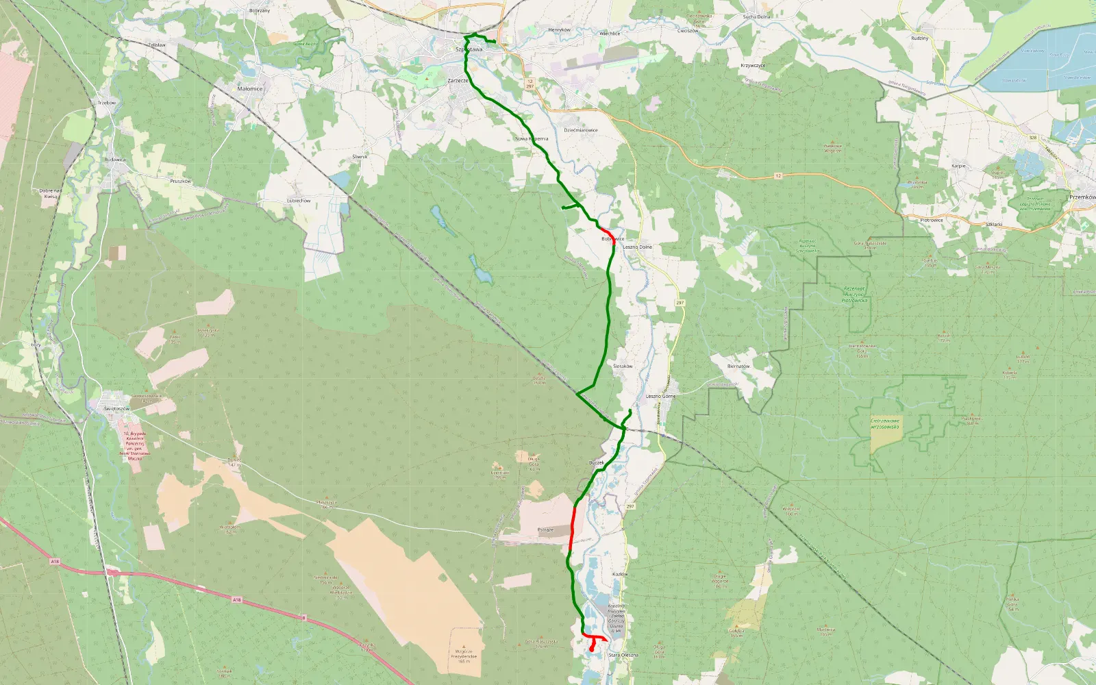 Map of Sieraków - Szprotawa - 27 km offroad trail, Żagań County