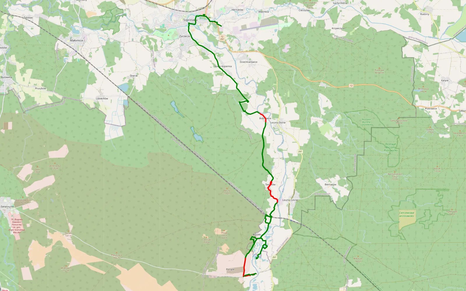Map of Szprotawa - Leszno Dolne - 33.1 km offroad trail, Żagań County