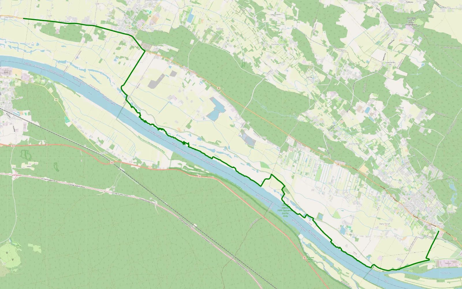 Mapa trasy Przysiek - Toporzysko - 20.6 km trasy offroad, Powiat Toruński