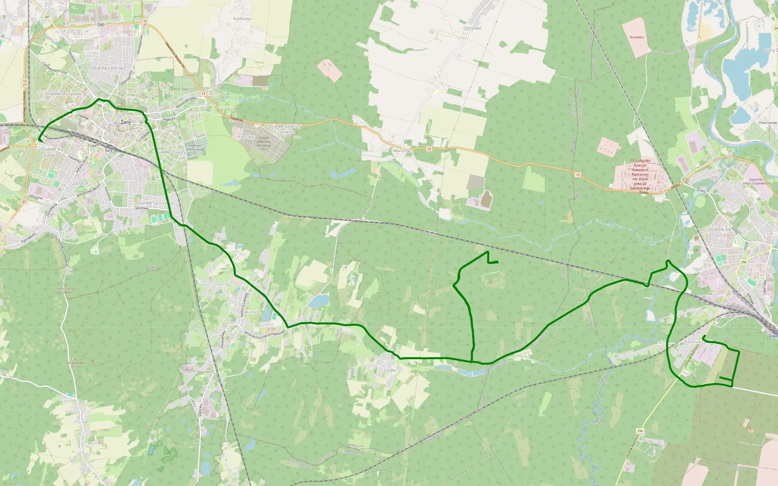 Mapa trasy Żary - Jasionka - 16.5 km trasy offroad, Powiat Żagański