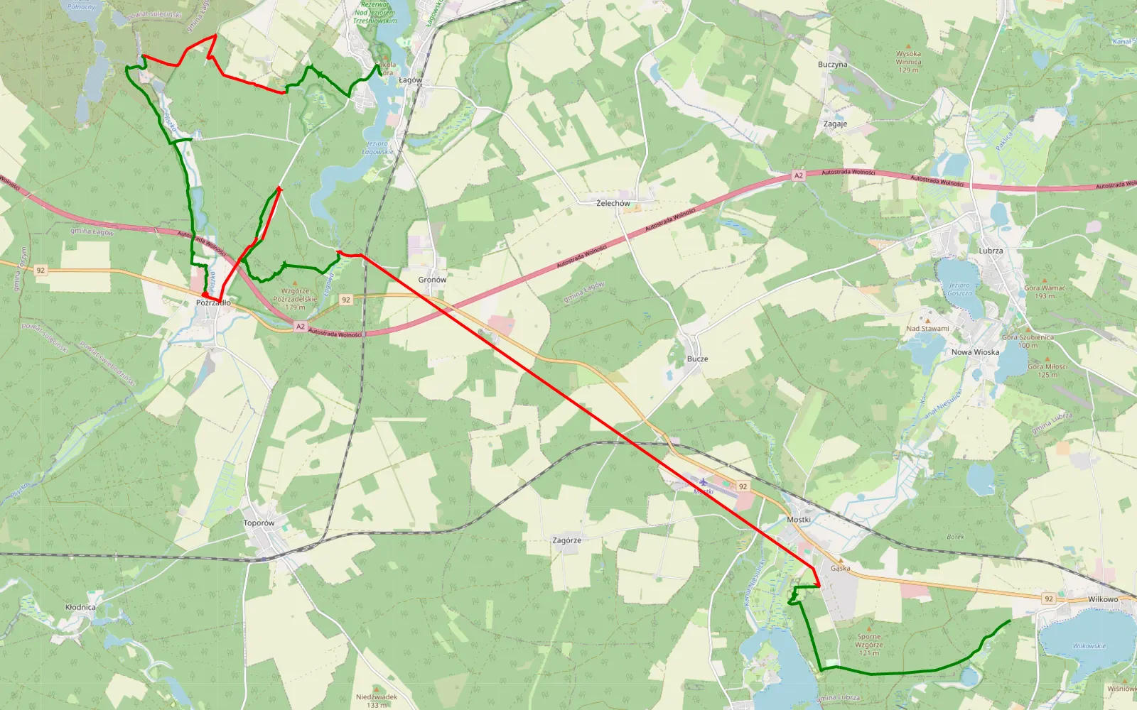 Mapa trasy Wilkowo - Łagów - 31.3 km trasy offroad, Powiat Świebodziński