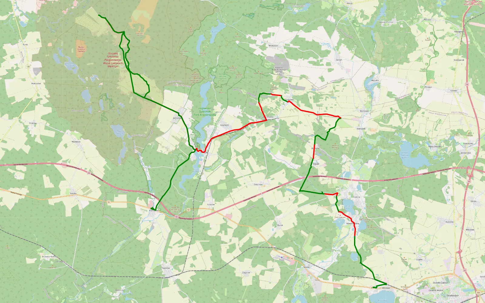 Mapa trasy Wilkowo - Pożrzadło - 45.7 km trasy offroad, Powiat Świebodziński