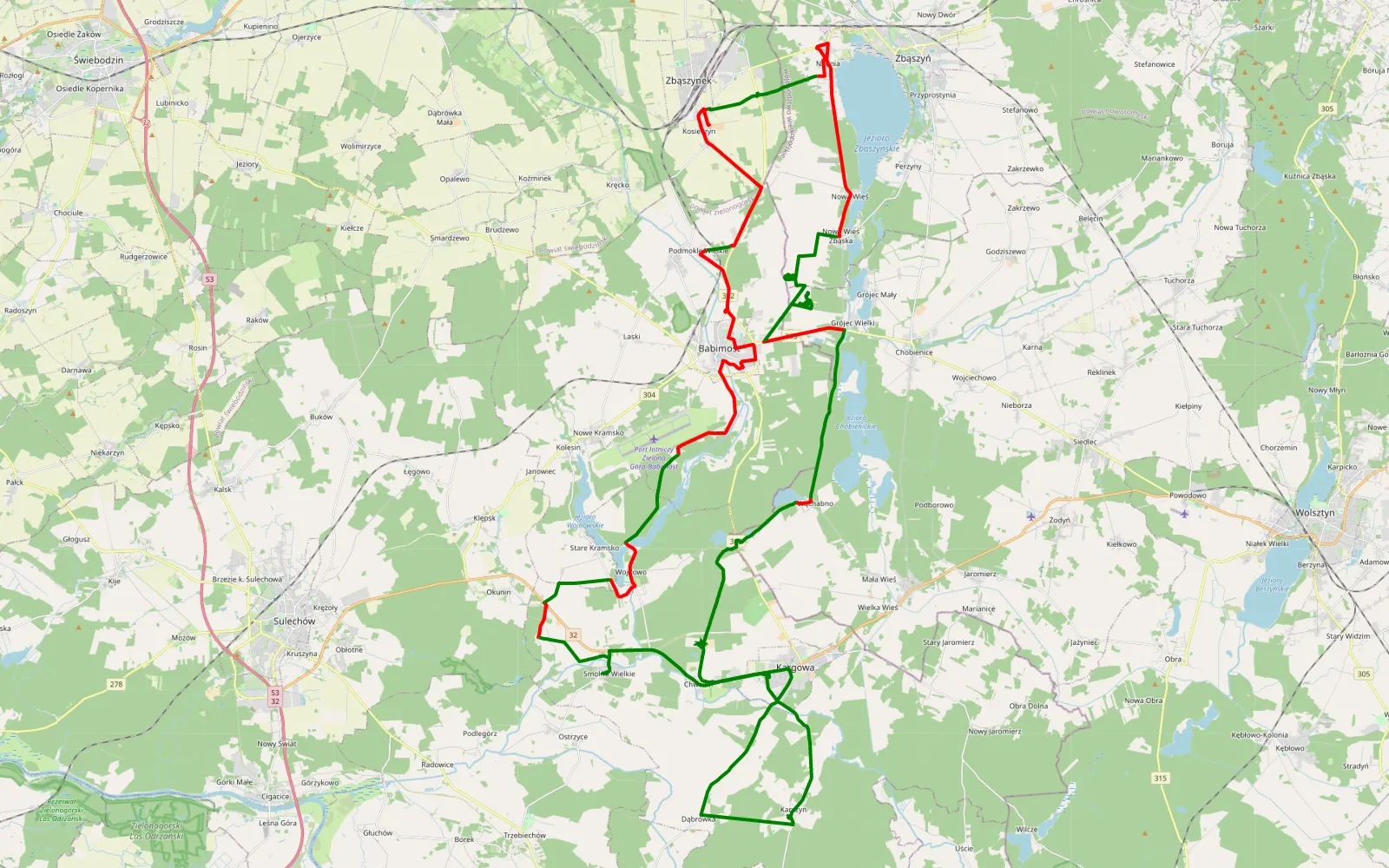 Mapa trasy Karszyn - 71.5 km trasy offroad, Powiat Zielonogórski