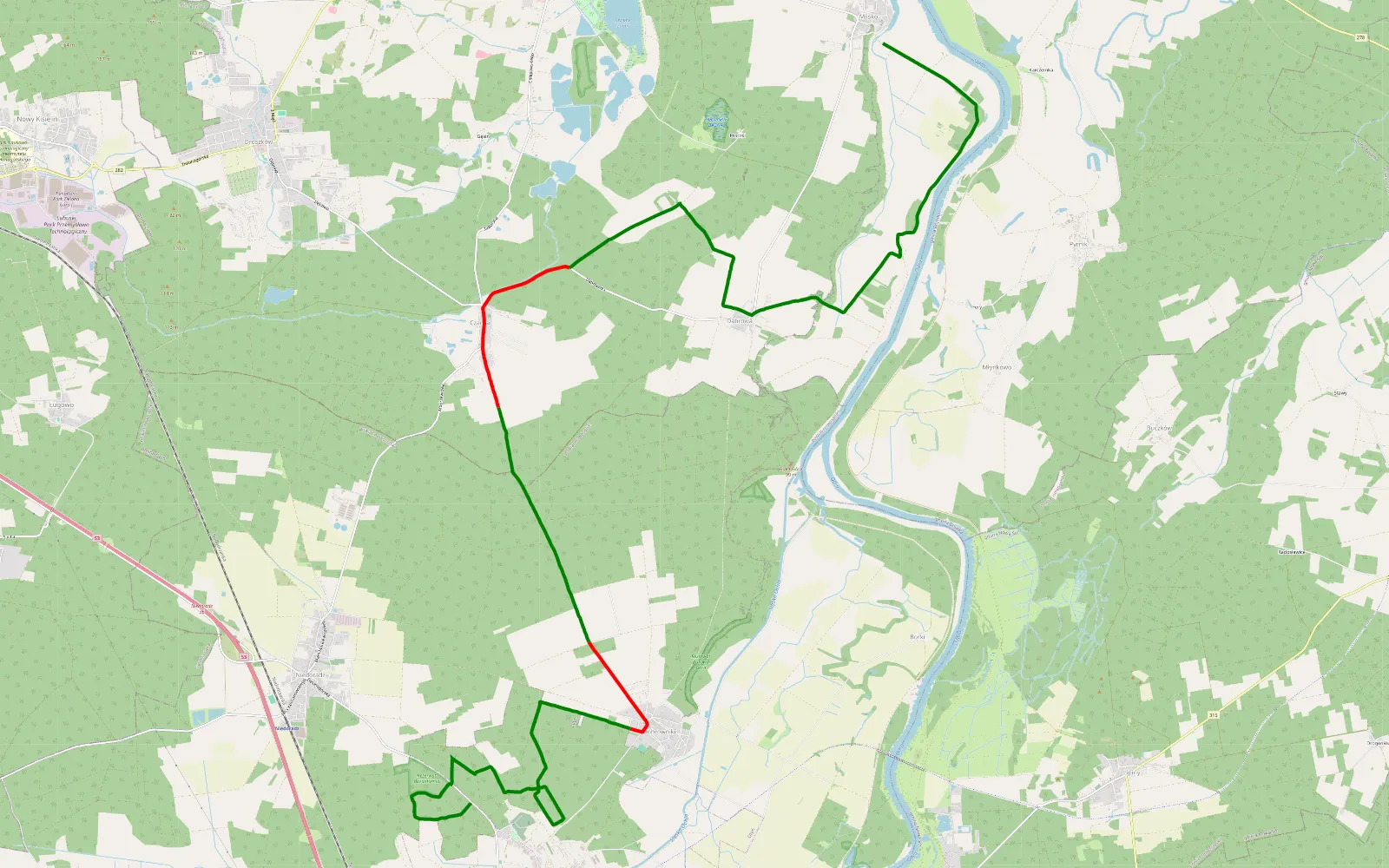 Mapa trasy Modrzyca - Milsko - 23.9 km trasy offroad, Powiat Zielonogórski