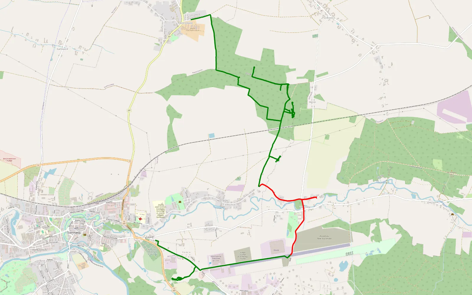 Map of Pasterzowice - Szprotawa - 12.4 km offroad trail, Żagań County