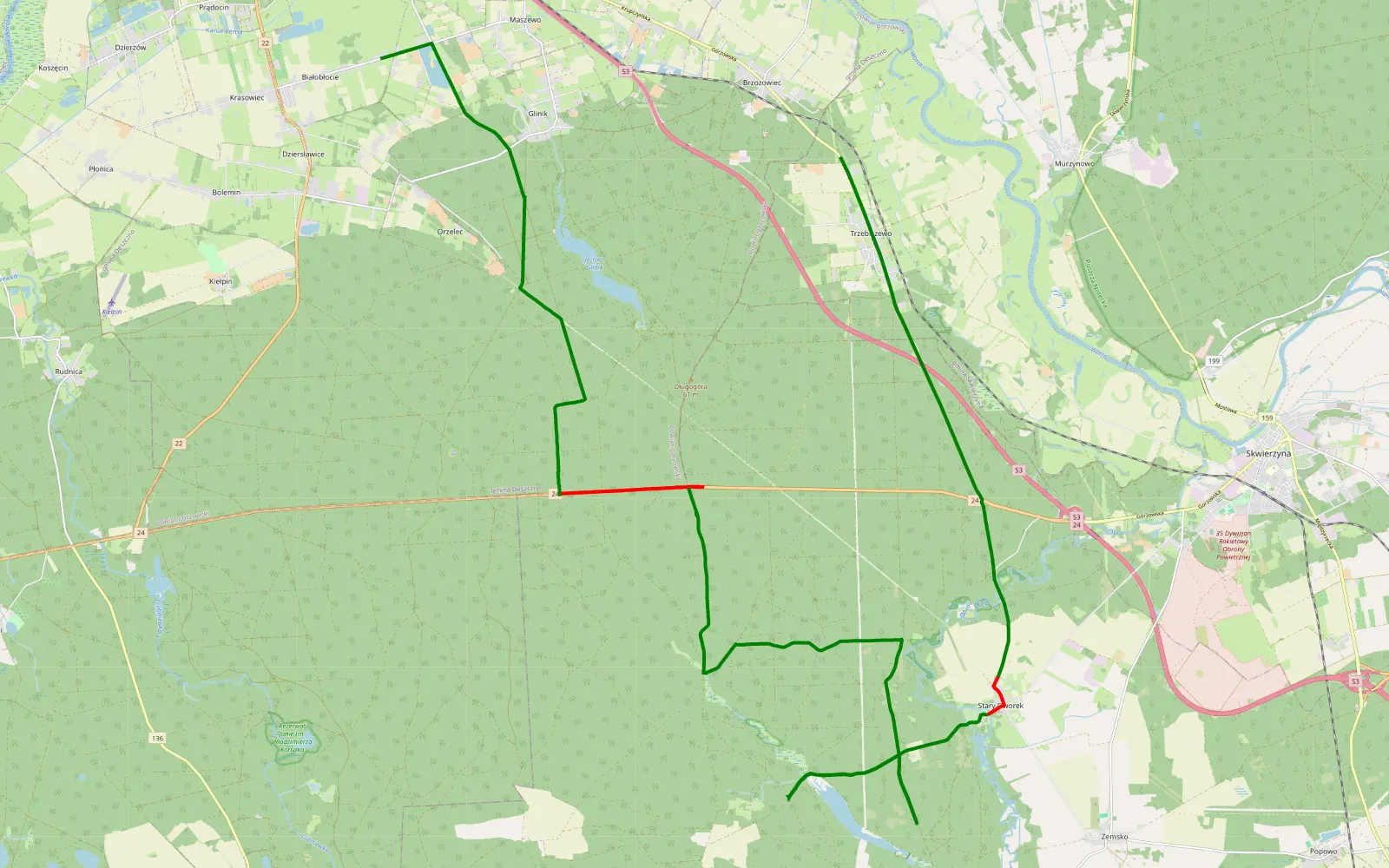 Map of Dziersławice - Brzozowiec - 32.2 km offroad trail, Międzyrzecz County