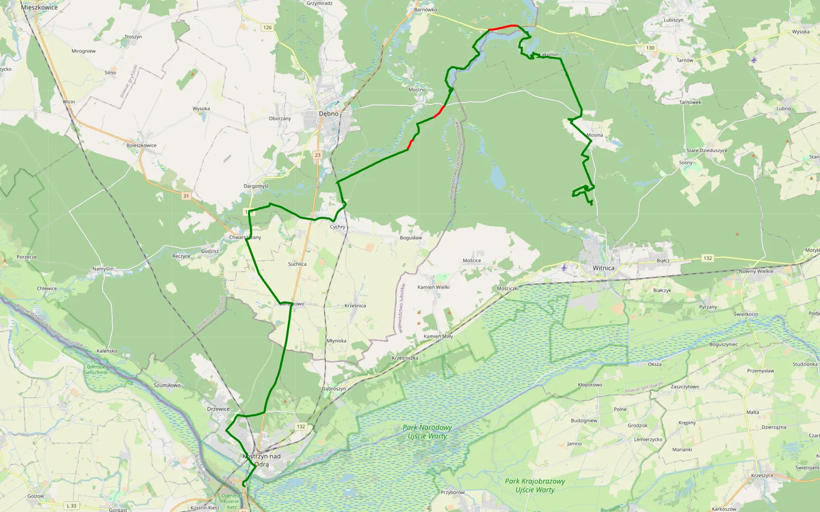 Map of Alternative way to Witnica - 32.2 km offroad trail, Gorzów County