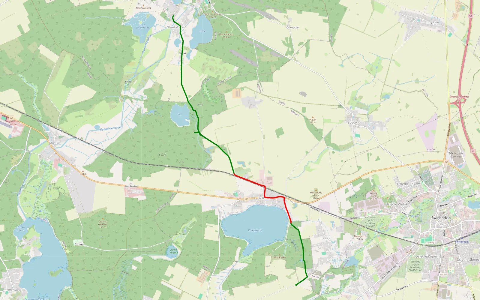 Mapa trasy Podjezierze - Nowa Wioska - 7.3 km trasy offroad, Powiat Świebodziński