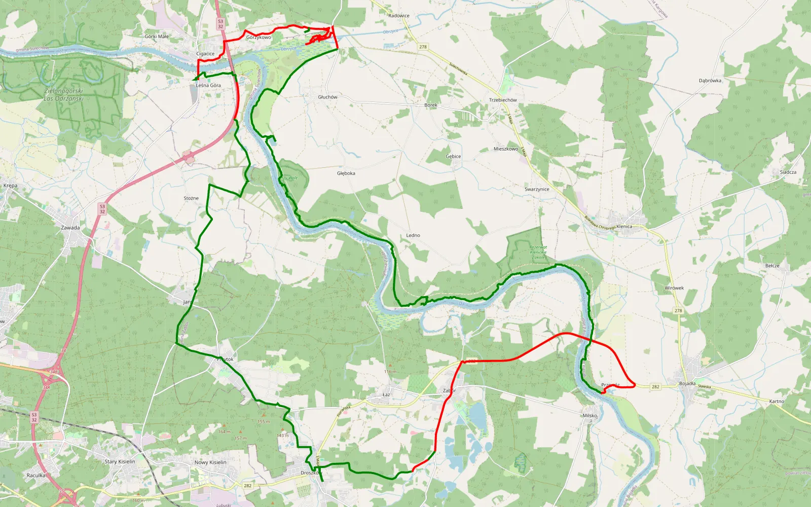 Mapa trasy Droszków - 51.2 km trasy offroad, Powiat Zielonogórski