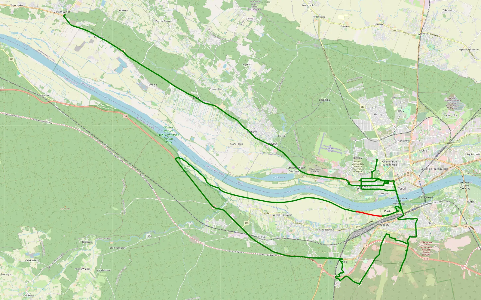 Map of Bydgoskie Przedmieście - Zławieś Wielka - 14.2 km offroad trail, Toruń County