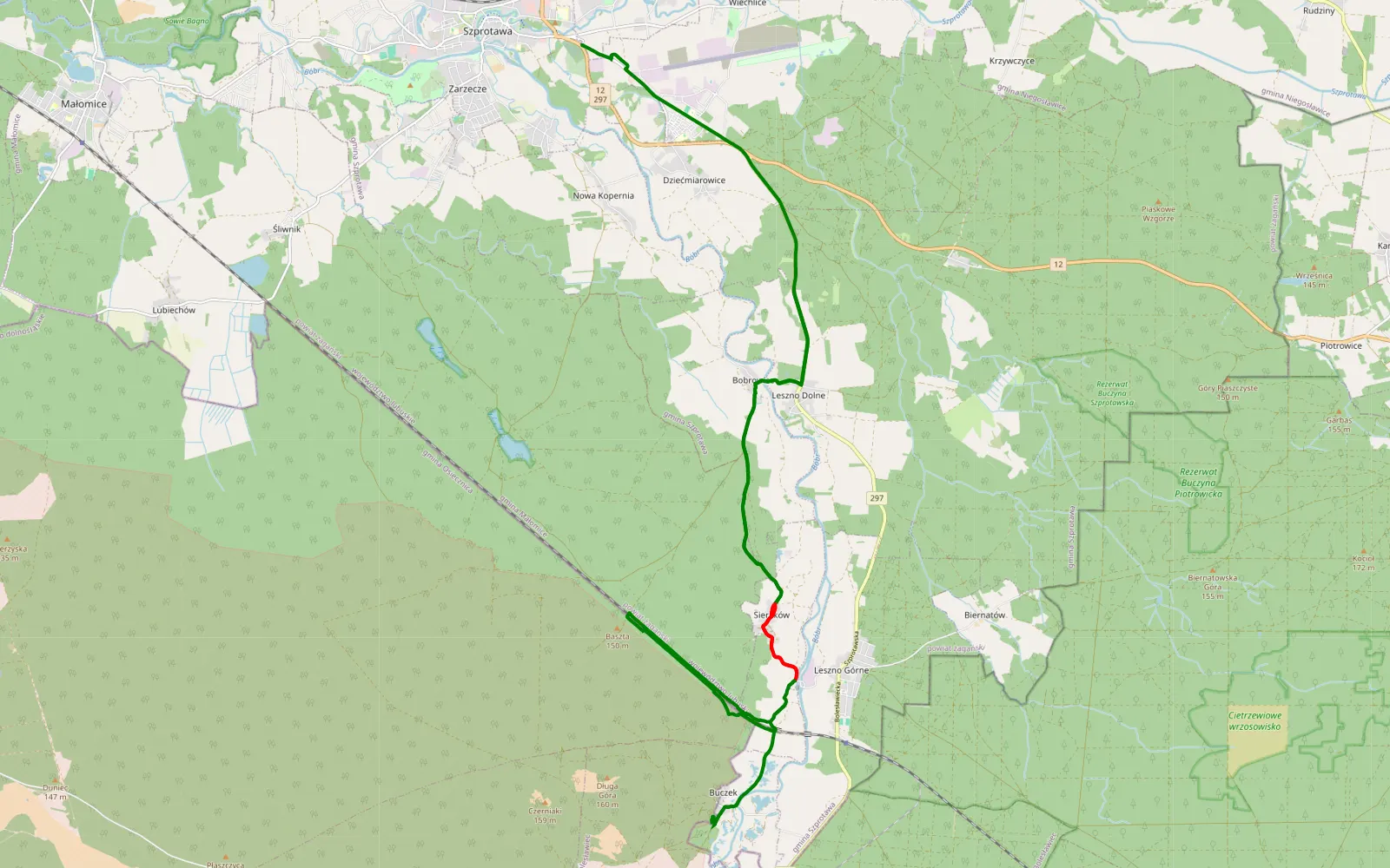 Map of Leszno Dolne - Szprotawa - 21.9 km offroad trail, Żagań County