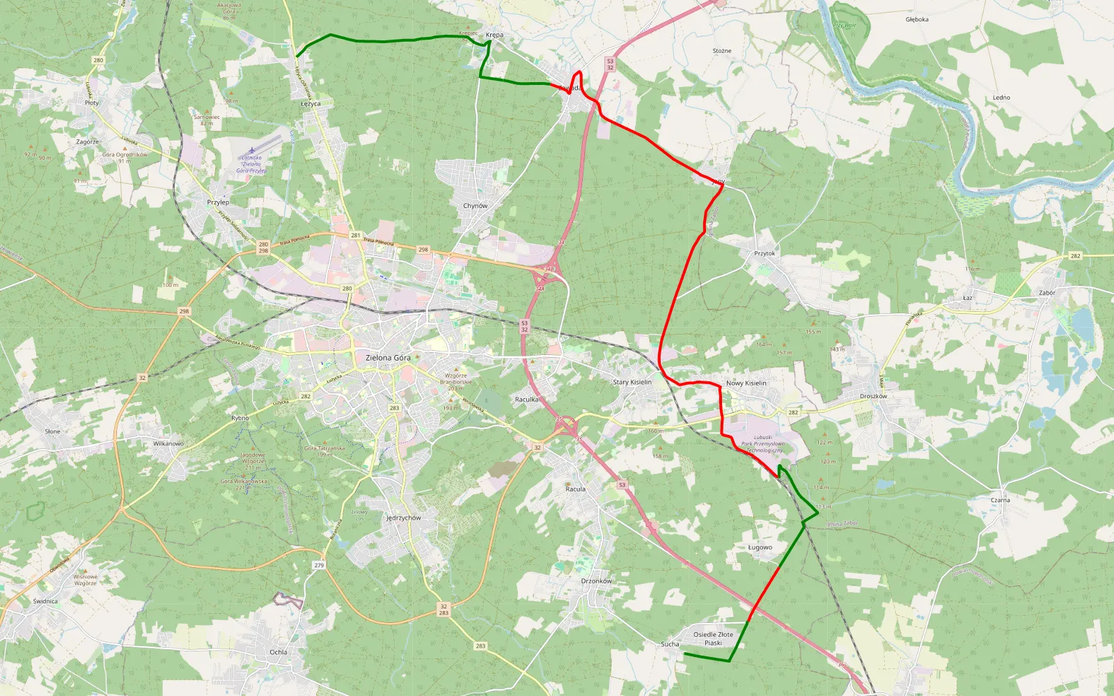 Mapa trasy Sucha-Łężyca - 21.1 km trasy offroad, Zielona Góra