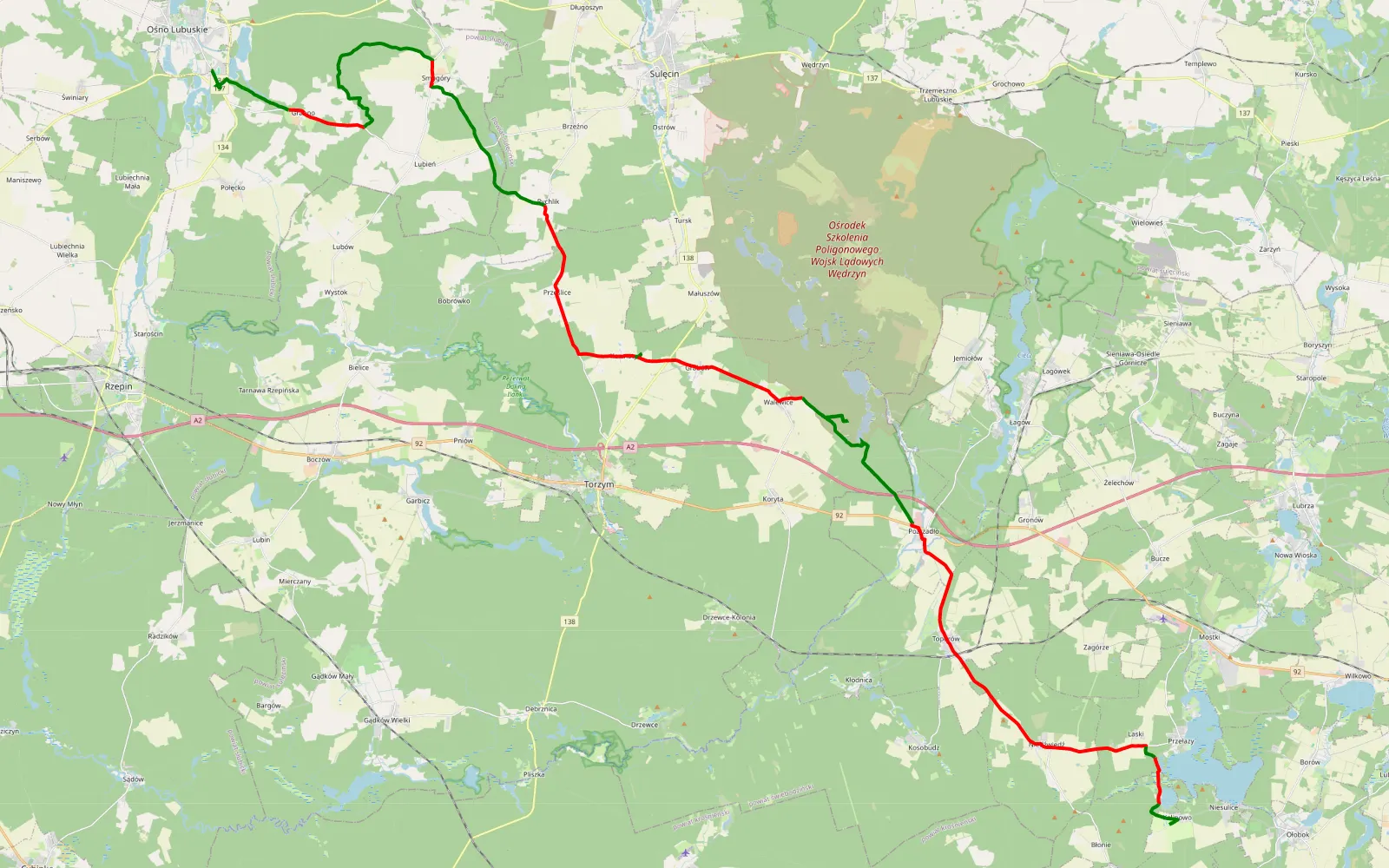 Mapa trasy Ośno Lubuskie - Kalinowo - 60.5 km trasy offroad, Powiat Sulęciński