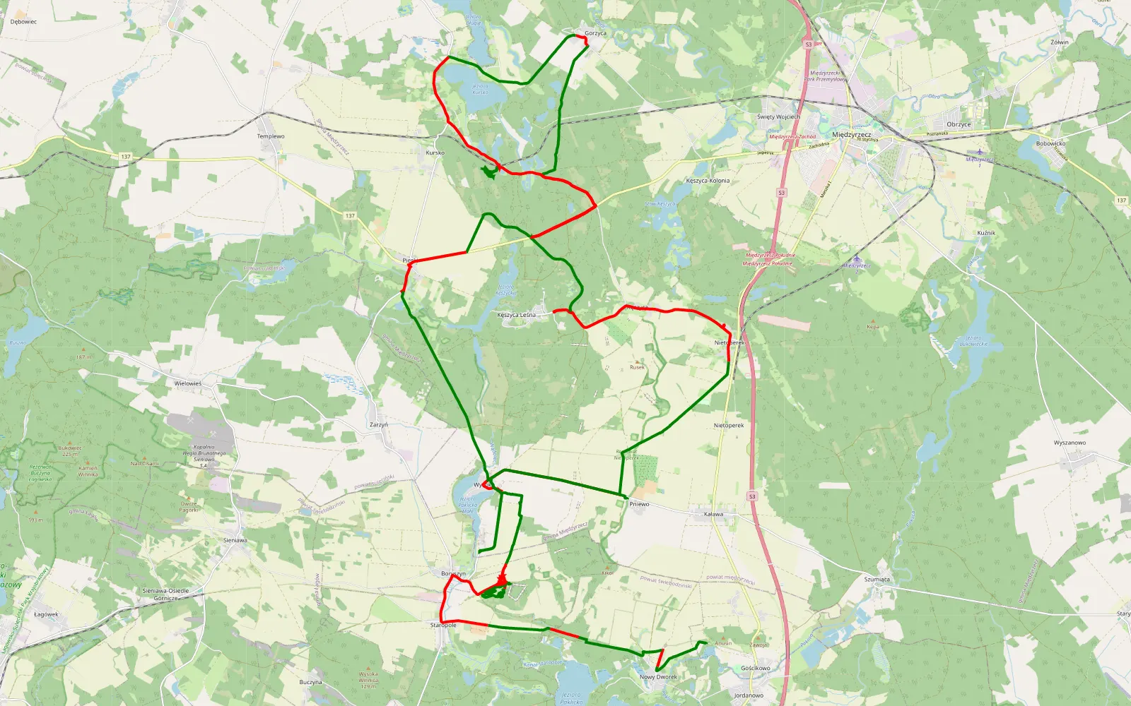 Map of Gościkowo - Zacisze - 61.2 km offroad trail, Międzyrzecz County