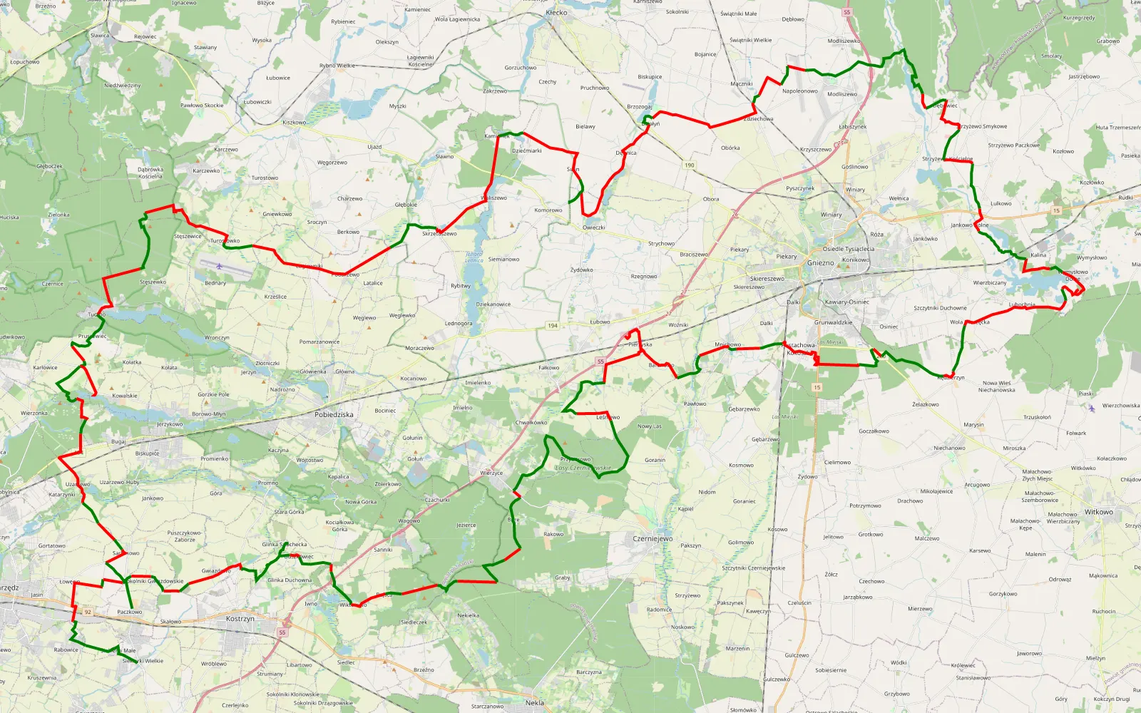 Map of Pętla dookoła Gniezna by Miki - 175.9 km offroad trail, Gniezno County
