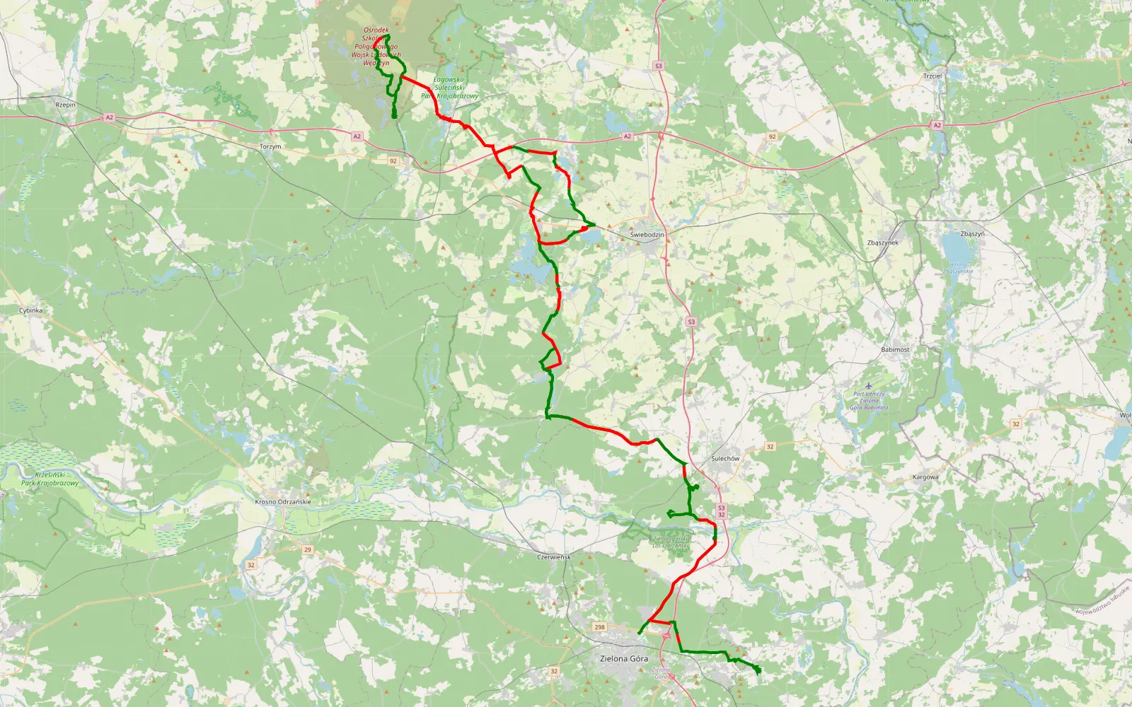 Mapa trasy Zdrojowe - Droszków - 172.7 km trasy offroad, Powiat Świebodziński