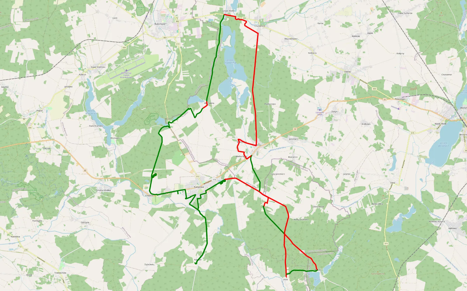 Mapa trasy Ff - 53.2 km trasy offroad, Powiat Wolsztyński