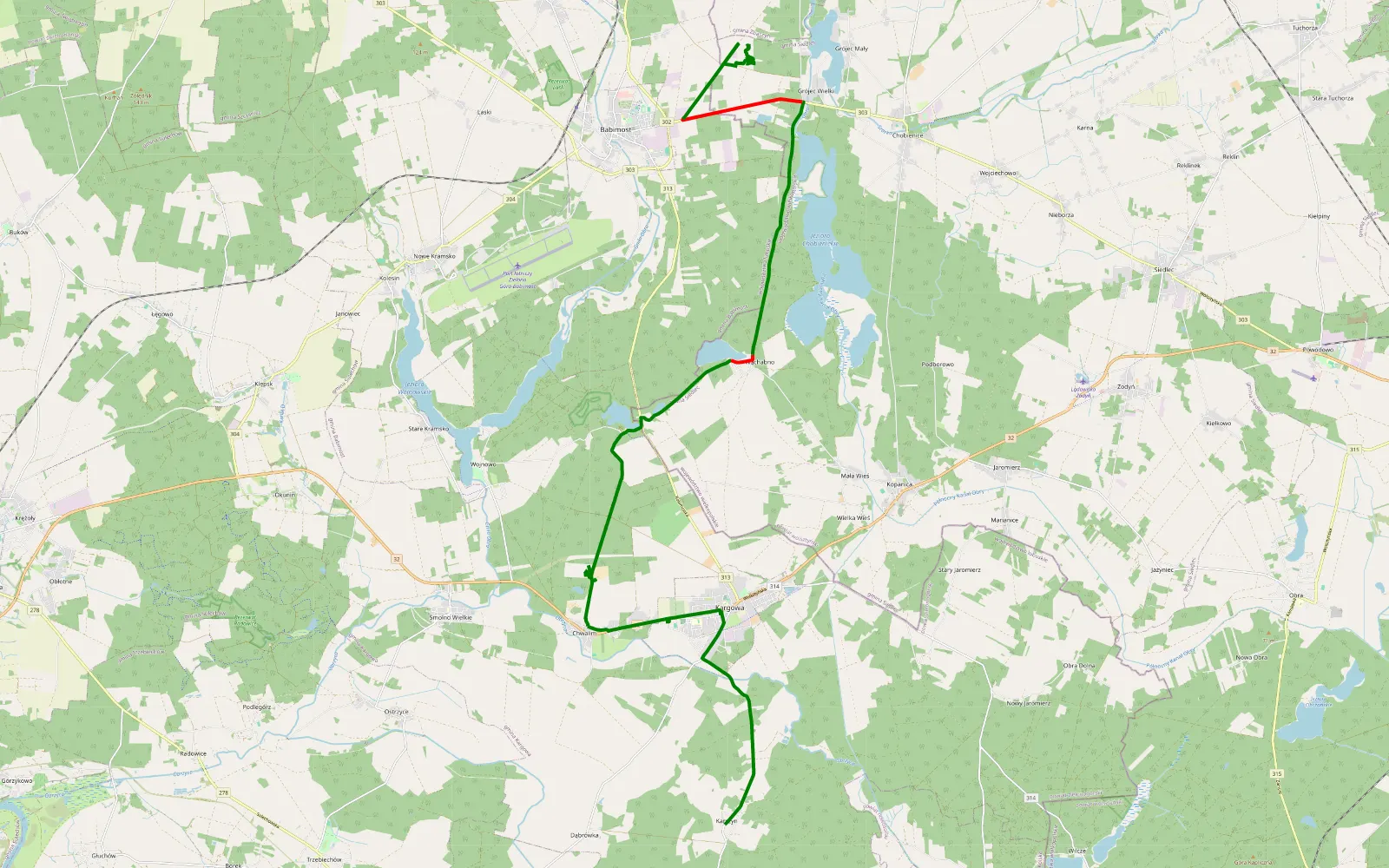 Mapa trasy Karszyn - Chwalim - 24.3 km trasy offroad, Powiat Wolsztyński