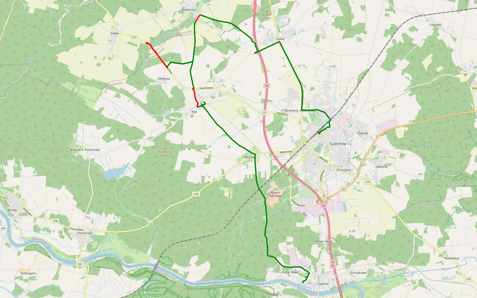Map of Zawody - Sulechów - 21.2 km offroad trail, Zielona Góra County