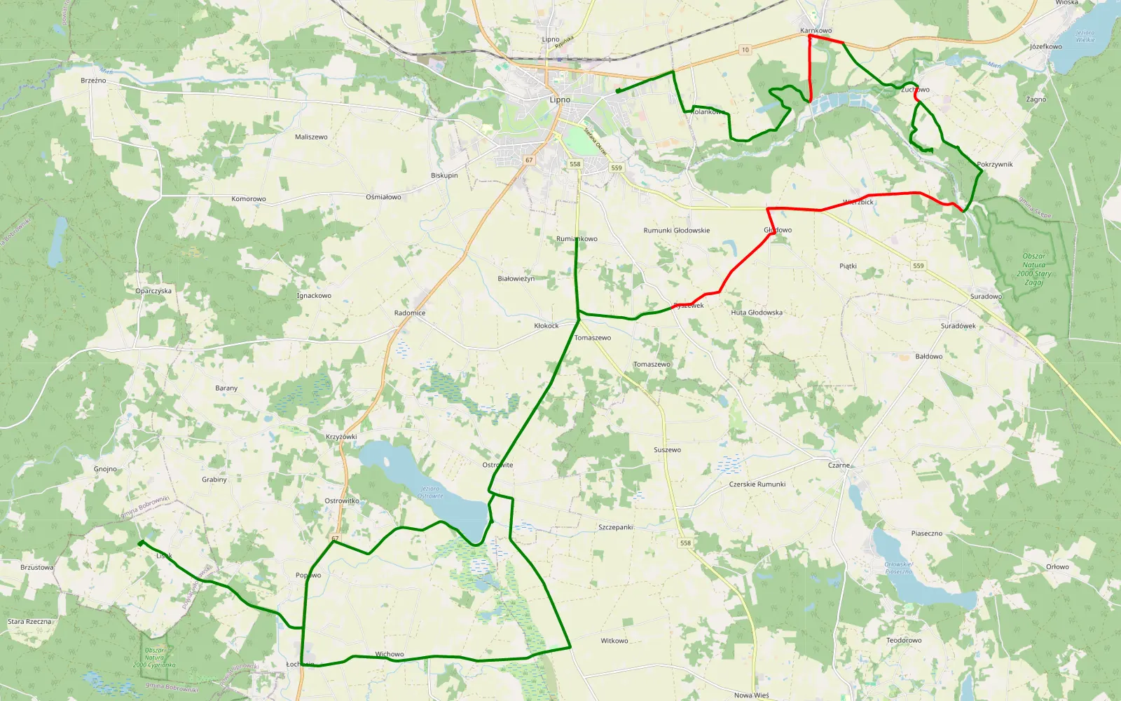 Mapa trasy Lipno - Białowieżyn - 22.9 km trasy offroad, Powiat Lipnowski