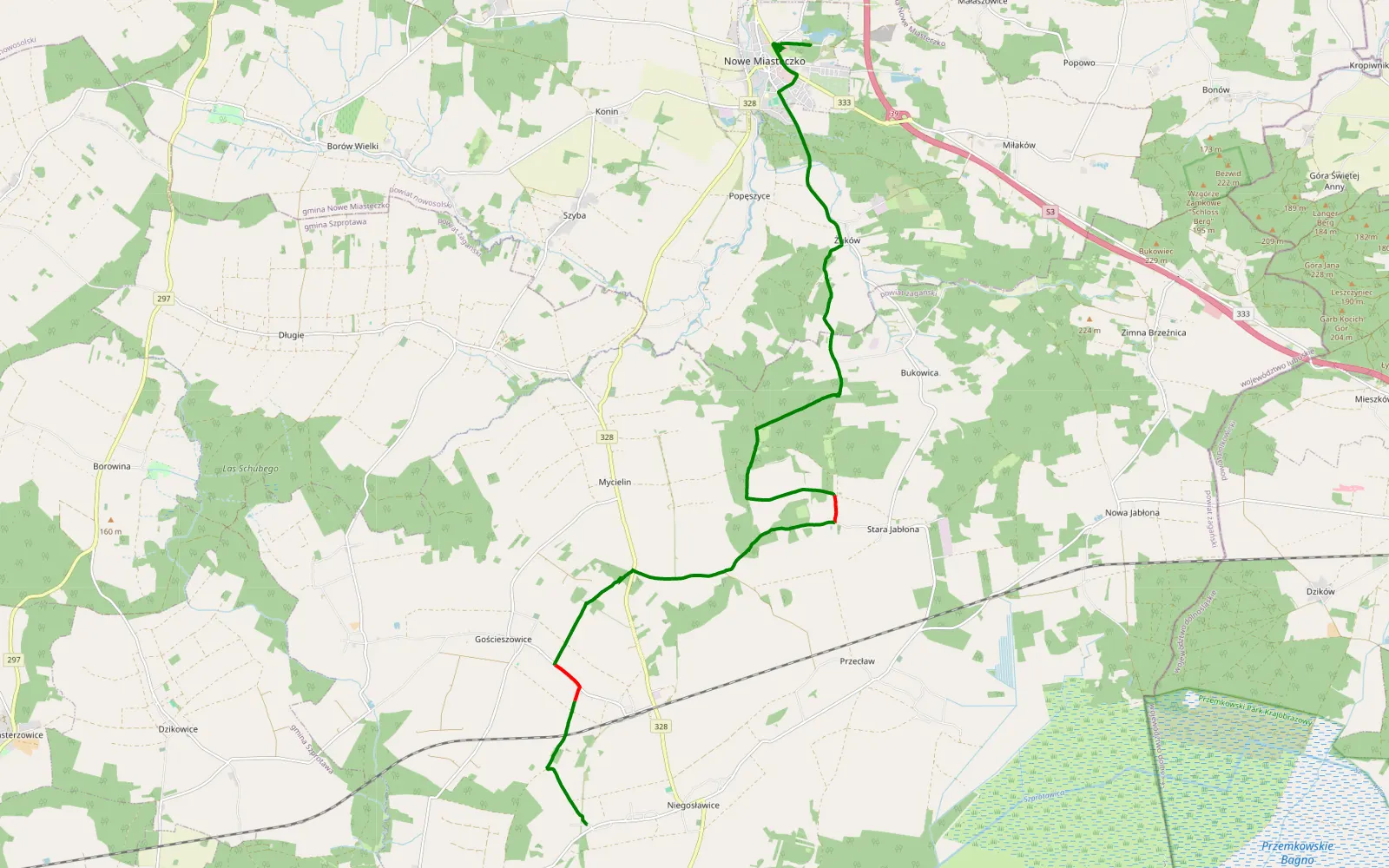 Mapa trasy Nowe Miasteczko - Niegosławice - 15.4 km trasy offroad, Powiat Żagański