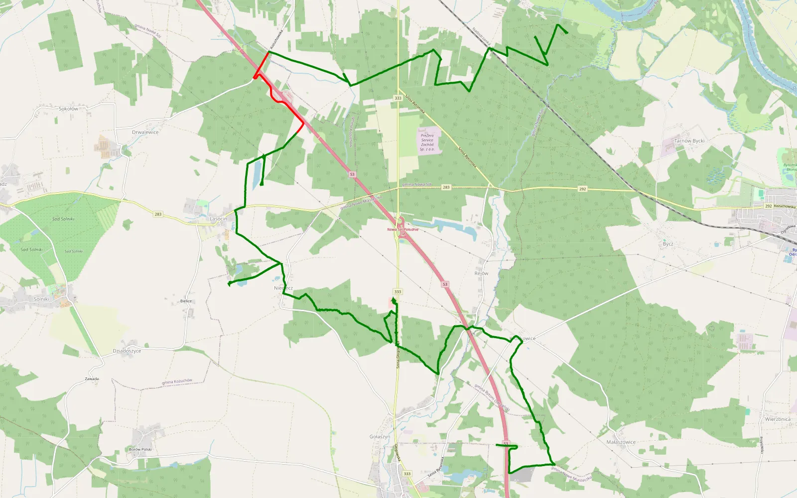 Map of Kiełcz - Gołaszyn - 15.6 km offroad trail, Nowa Sól County