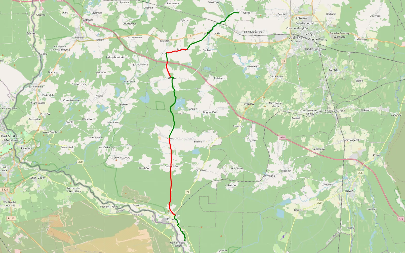 Mapa trasy Bucze - Górka - 22.9 km trasy offroad, Powiat Żarski