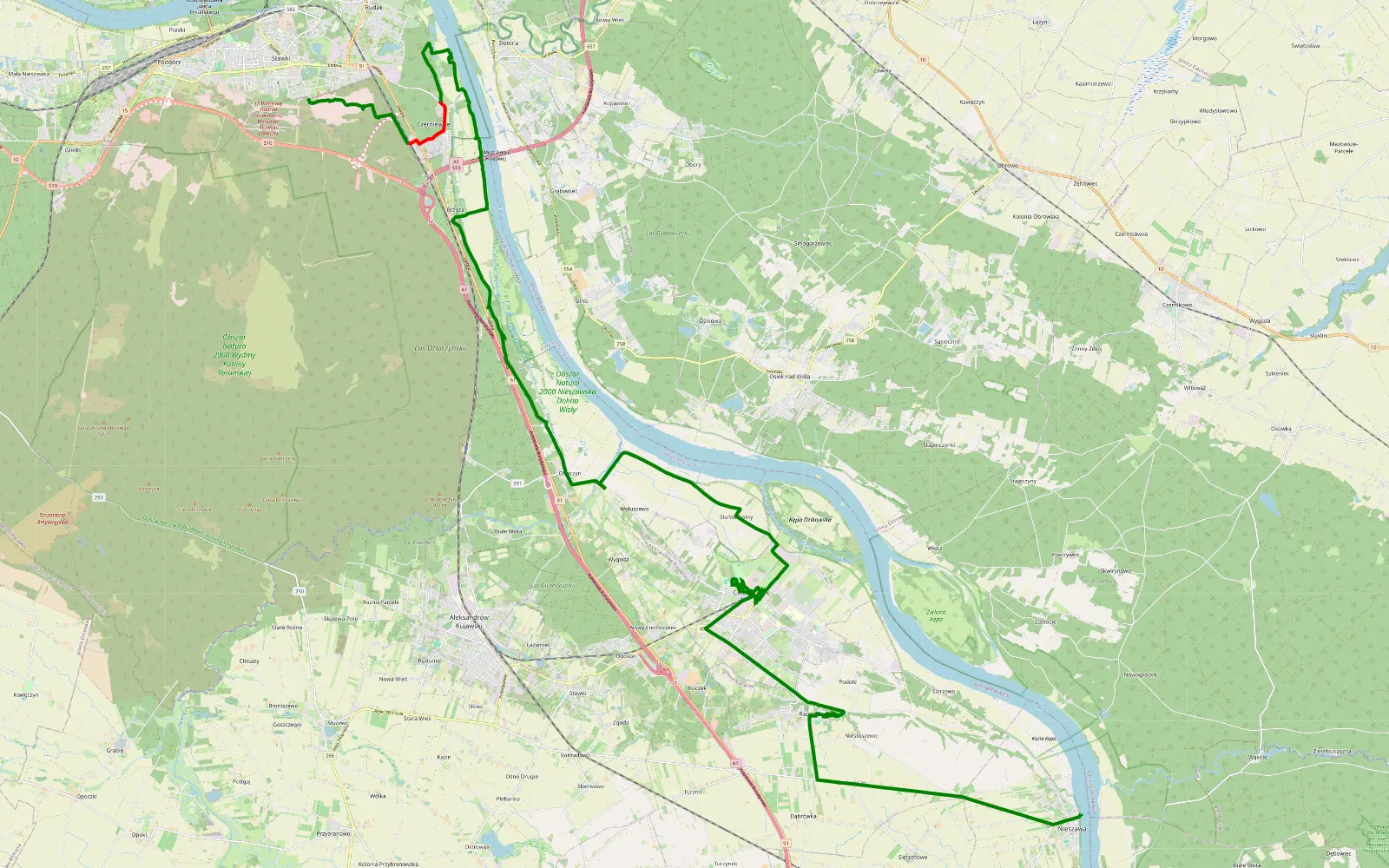 Mapa trasy Piaski - Nieszawa - 17.7 km trasy offroad, Powiat Toruński