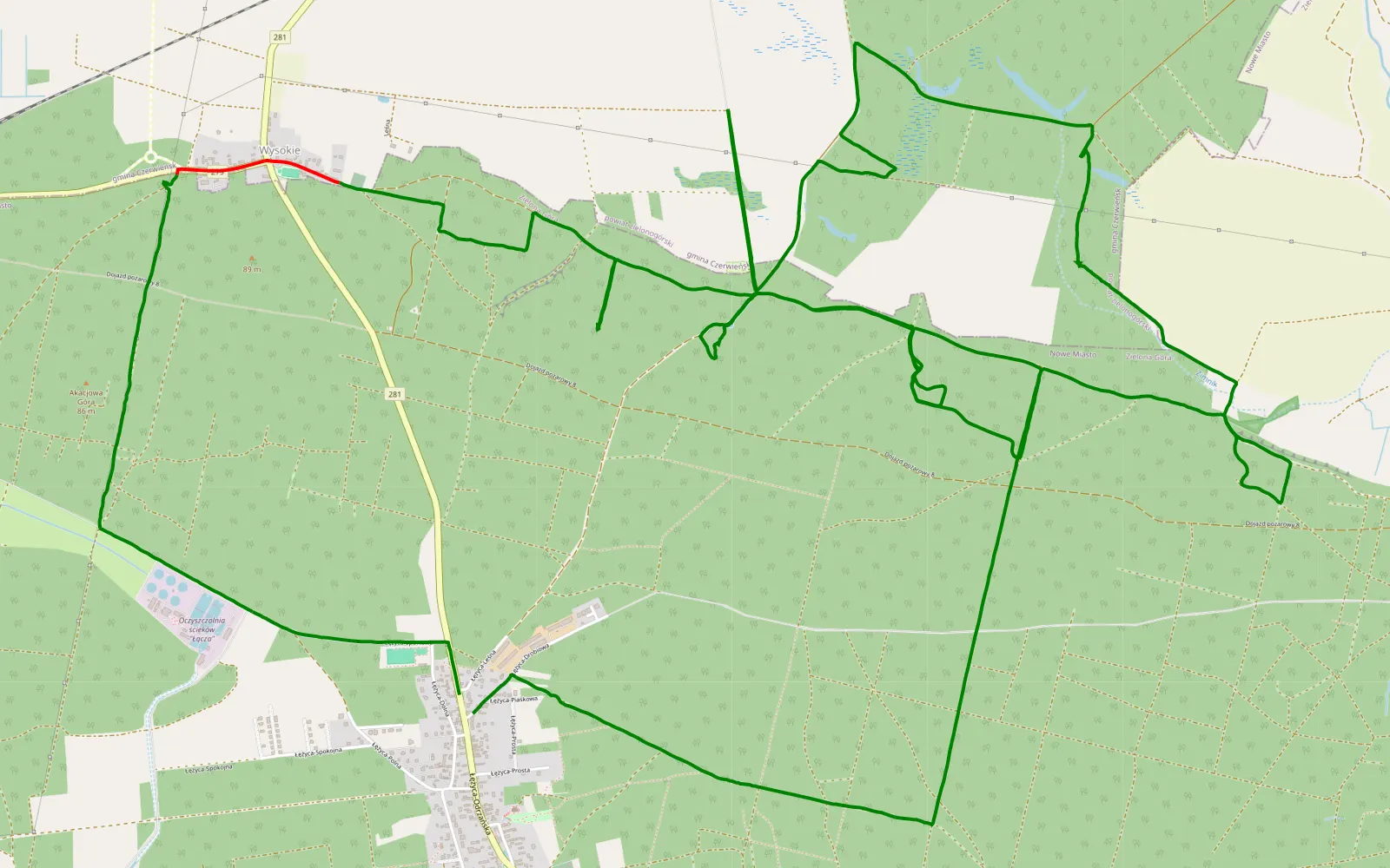 Mapa trasy 04 - Łężyca - 20.7 km trasy offroad, Zielona Góra