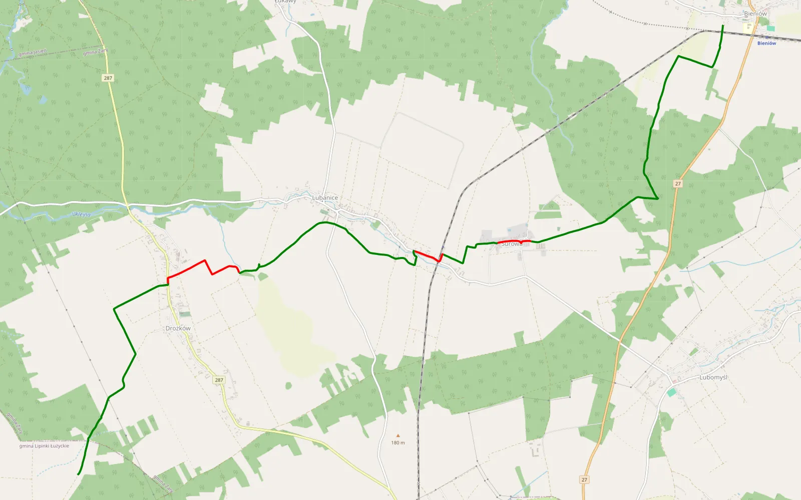 Mapa trasy Górka - Bieniów - 13.6 km trasy offroad, Powiat Żarski