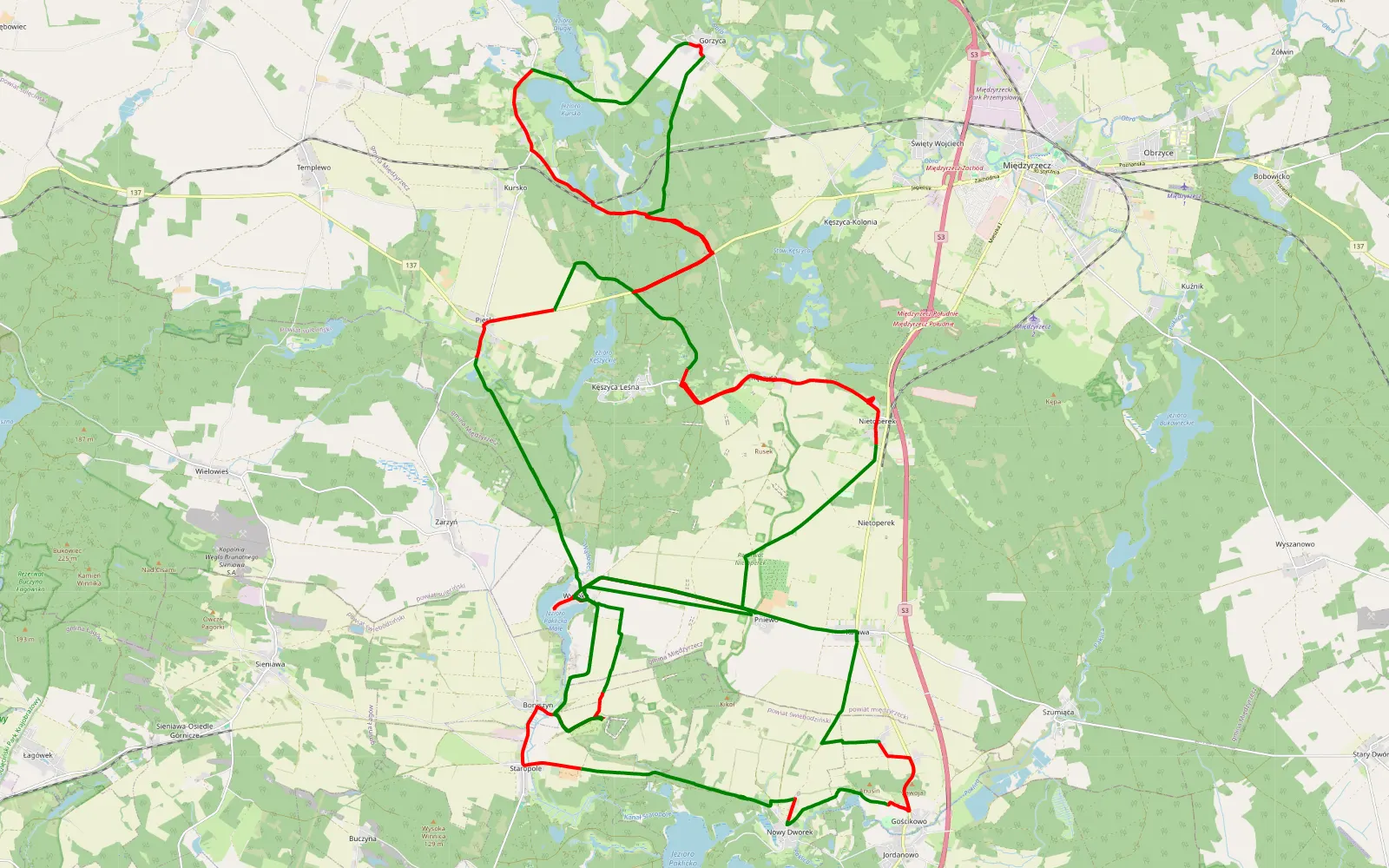 Map of Zacisze - 68.8 km offroad trail, Międzyrzecz County