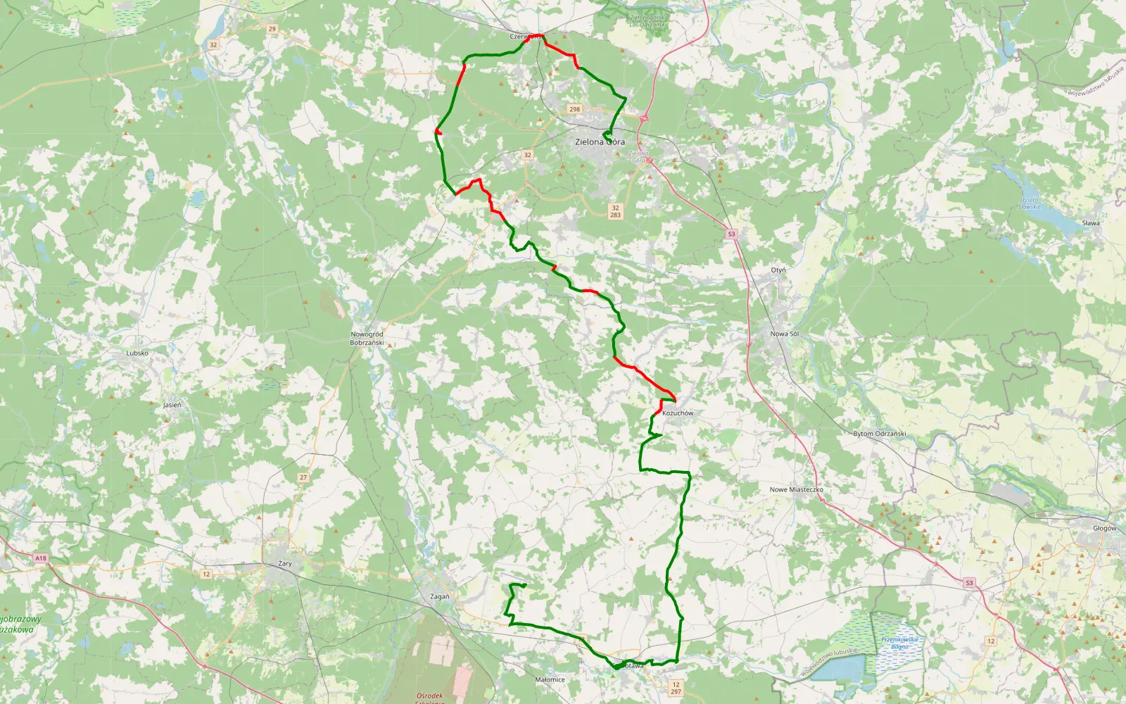 Map of Łukasz - 64.9 km offroad trail, Zielona Góra County